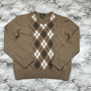 MERONA 100% Merino Wool Sweater Mens 2XL Beige Argyle Print SEE THE MEASUREMENTS